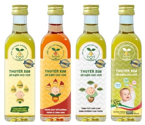 Juego de aceites para bebés Thuyen Xua, 4 botellas de 65 ml cada una, colección de aceites naturales con sésamo, gac, perilla, aceite de oliva