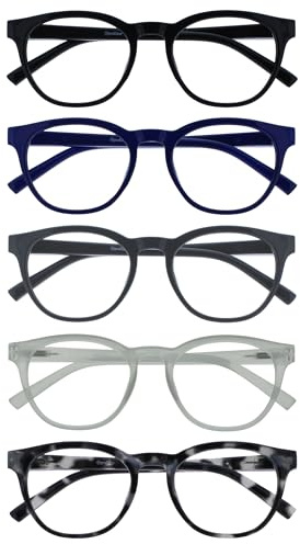 OPULIZE ORA Lunette loupe homme et femme, Lunettes de lecture, Charnières à ressort, Cadre rond léger, Lot de 5 Noir Bleu Gris Glace Écaille grise +3,50
