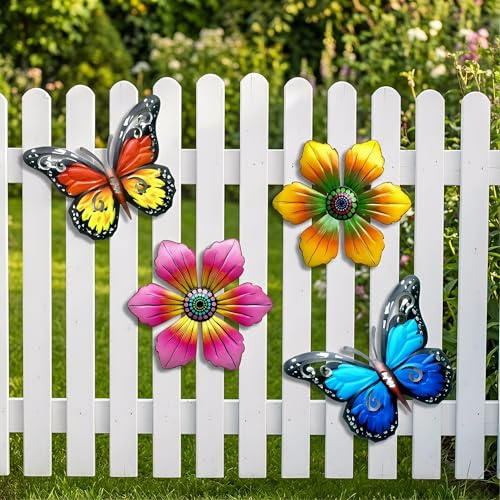 LingBaby 4Stück Metall Gartenornamente für Außenbereich –2 Schmetterlinge Deko & 2 Blumen Wanddeko aus Metall, Balkon Deko Gartendeko für Draußen, Schuppen, Zaun, Hof und Wandaufhängung