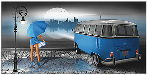 ARTland Wanddeko Wandbild Alu Verbundplatte für Innen & Outdoor Bild 100 x 50 cm Skyline Pin Up Regenschirm Auto VW Camper T1 Blau Regen bei Nacht Retro Vintage T6HM