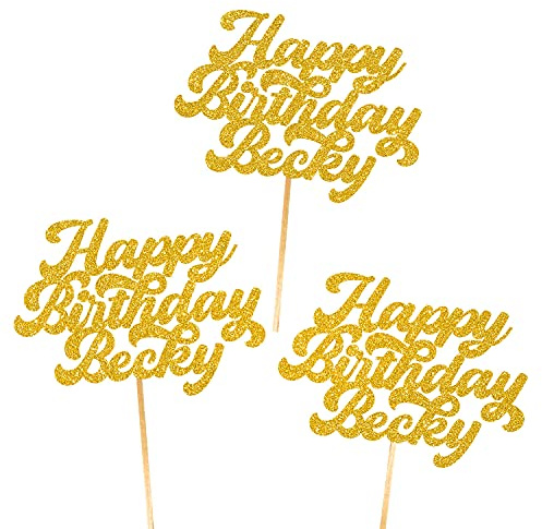 6X Personalised, Double Sided, Handmade Happy Birthday Glitter Cupcake Toppers by Cakeshop | Custom Colour Any Name 480gsm Glitter Cupcake Decorations | Gold