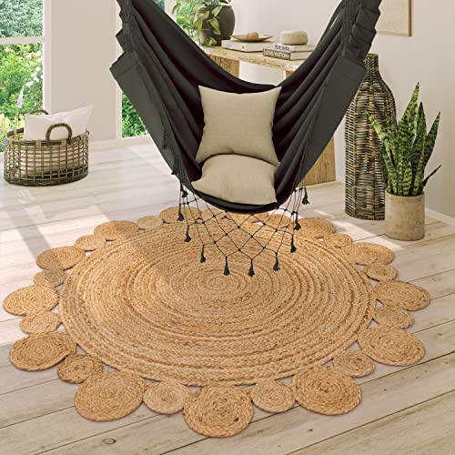 Paco Home Teppich Rund Wohnzimmer Jute Boho Ethno Muster Modern Handgefertigt Naturteppich, Grösse:160 cm Rund, Farbe:Natur 2