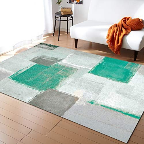 Alfombra De Dormitorio Bloques De Colores Geométricos Verde Azulado Blanco Gris Frotis Cuadrado Resistente Alfombra Entrada Atrapar Suciedad,Suave Alfombra Exterior para Oficina 120X160Cm