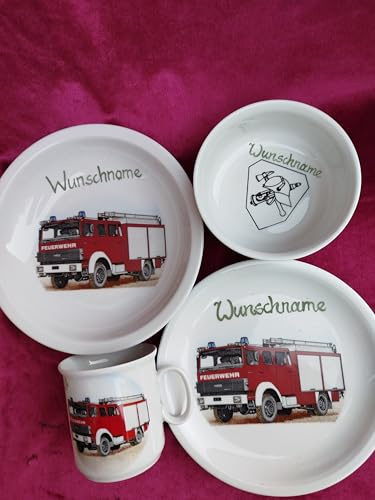 personalisiertes Porzellan-Kinder-Geschirr 4teilig (Dekor Feuerwehr) mit Wunschname. Wunschname an: info@porzellanschoenknecht.de senden.