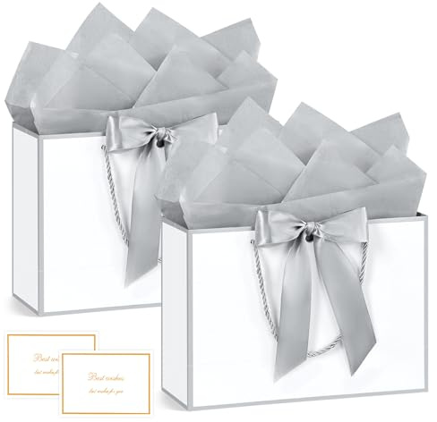 BBLIKE Geschenktüten mit Henkel - 2 Geschenktasche + 2 Grußkarten + 4 Sydney Paper, Papiertüten mit Henkel, Geschenkverpackung für Geschenk, Geburtstag, Feier, Hochzeit (Weiß Silberner Rand)