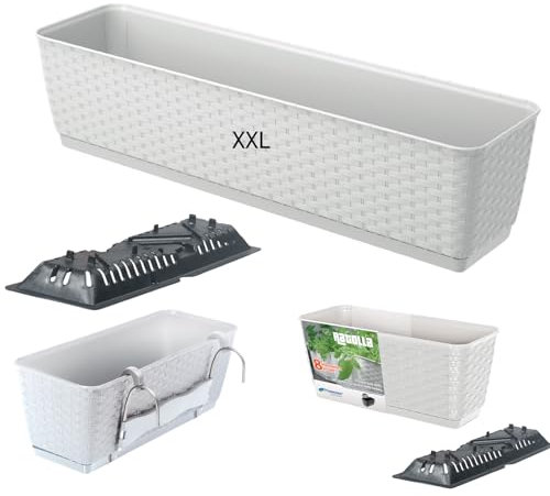 Blumentopf Blumenkasten mit Halter Balkonkasten mit Rattaneffekt mit Pflanzenbewässerung 2 Farben 3 Größen (Weiß, XXL-600)