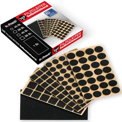 bePracti Filzgleiter Selbstklebend 147-er Set für Stühle Möbelgleiter Filz Selbstklebend 3mm Starke, Dichte 500g/m2 in verschiedenen Größen und einem Blatt zum Selbstschneiden schwarz