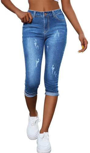 Minetom Jean Capri Skinny Fit pour Femme 3/4 Denim Pantalon Fissures Pantacourt Taille Haute Jegging Slim Extensible A Bleu Clair S