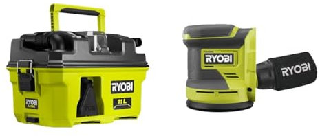 RYOBI - Aspirateur Eau et poussière 18V - 105 AW - 1500 L/Min - 11 L - RV1811 & Ponceuse Excentrique 18 Volts One - 125 mm - 3 abrasifs - RROS18-0