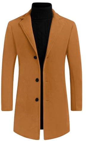 Lars Amadeus Gabardina para hombre Slim Fit Invierno Solapa con muescas Chaqueta larga de un solo pecho Abrigo Marrón XL