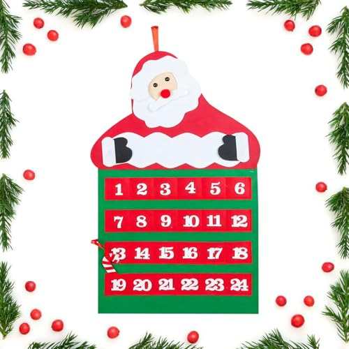 Calendrier de l'Avent de Noël en feutre rouge Père Noël avec poches de 24 jours, 24 calendriers de compte à rebours remplissables, calendrier de compte à rebours à suspendre pour la maison, le bureau,