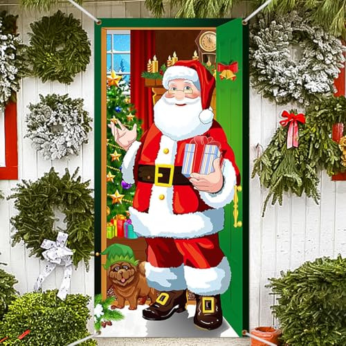 HEKOBAG 200 * 90cm Cubierta de Puerta de Navidad + Cuerda 10m, Decoracion Navideña Entrada Exterior Interior Casa, Tela Cortina Decorativa Pancarta Cartel Telón Fondo（Papá Noel）