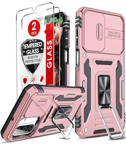 LeYi Coque pour Samsung Galaxy A26/A 26 5G Antichoc avec Protection Caméra Coulissante,2*Verre Trempé,Étui de PC Dur et TPU Silicone Militaire Anti-Rayures Coque Anneau，Or Rose