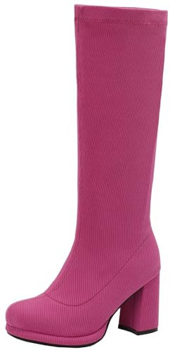 CUTEHEELS Moda Donna Camoscio Punta Rotonda Blocco Tacco Stivali Alti Al Ginocchio con Multicolore Opzionale, Fucsia, 41 EU