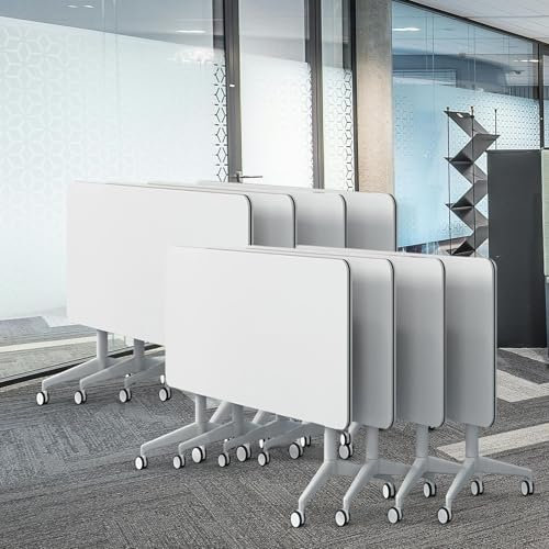 Konferenzraumtisch, 2–10 Personen, klappbare Konferenztische mit Rädern, großer rechteckiger Besprechungs- und Seminartisch mit weißer Klappplatte (8, 47,2 Zoll L x 23,6 Zoll B x 29,58 Zoll