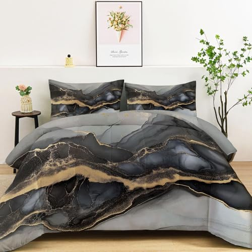 Året runt-filt 2-i-1 med integrerat överdrag 135 x 200 cm, maskintvättbar, allergivänligt och lätt – dubbelsidig design, marmorabstrakt – inget separat påslakan krävs, ljusgrå