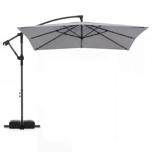 COSTWAY Sombrilla Terraza Exterior con Base, Parasol Excentrico con 8 Varillas de Metal, Rotación de 360°, Manivela, Base en Cruz y Sacos de Arena, Sombrilla Jardín Grande (250 x 250 cm（sin Luz）,Gris)