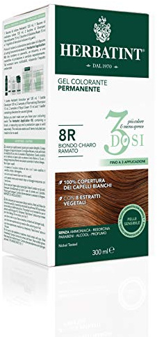 Herbatint Gel colorante permanente 3 dosis, 300 ml – 8R Rubio claro cobrizo, sin amoniaco, para pieles sensibles, cobertura 100% de cabellos blancos, con 8 extractos naturales biológicos