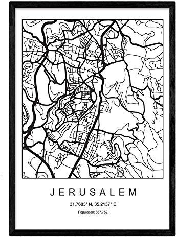 Nacnic Lámina Mapa de la Ciudad Jerusalem Estilo nordico en Blanco y Negro. Poster tamaño A3 Sin Marco Impreso Papel 250 gr. Cuadros, láminas y Posters para Salon y Dormitorio