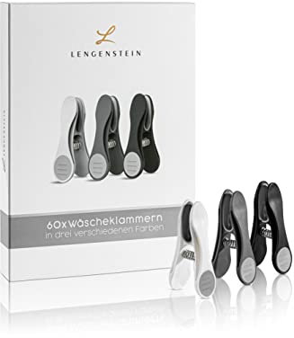 Lengenstein® 60 Wäscheklammern in 3 Farben weiß schwarz grau Premium Clothes Pegs Clothespin Wäscheklammer aus Kunststoff mit Soft Grip, angenehmer Griff und Starke Feder