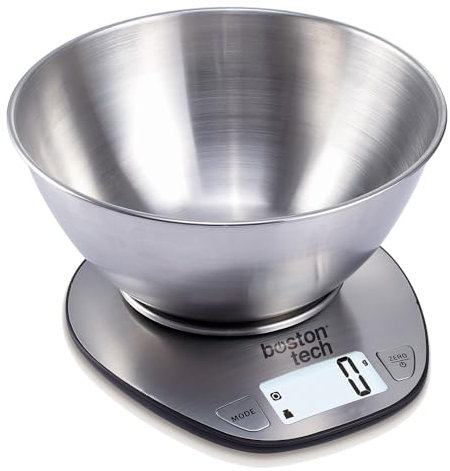 Boston Tech Báscula de Cocina Digital con Bol Desmontable - Acero Inoxidable, Alta Precisión, Impermeable, Capacidad 5kg, Pantalla LCD, Función Tara, Recetario Incluido