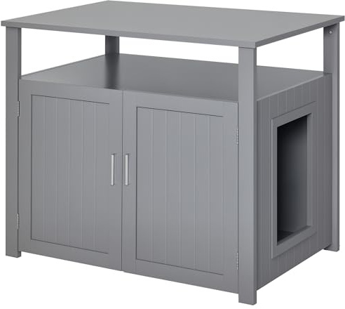 PawHut Wooden Cat Litter Box Enclosure Furniture for Nightstand, Grey
