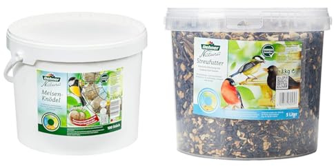 Dehner Natura Wildvogelfutter, Meisenknödel, ohne Netz, 100 Stück (10 kg) & Natura Wildvogelfutter, Streufutter im Eimer, 3 kg