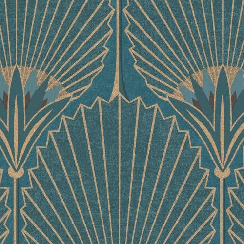 Papier peint art deco bleu paon - rouleau 0,53x10m