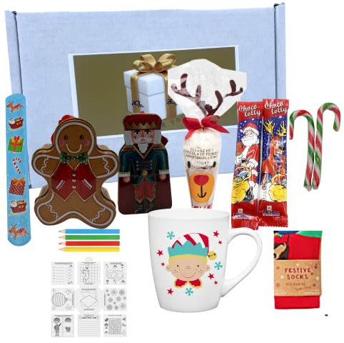 Kids Christmas Hot Chocolate Gift Set - Xmas Mug, Socks, Candy Canes, Hot Chocolate, Gingerbread and Nutcracker Coins Tins, Snap Band, Activity Book Christmas Eve Hamper Box, Stocking Fillers (Elf)