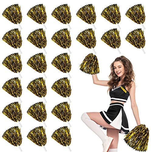 24 STK Metallisch Cheerleading Pompons zum Kinder, Cheerleader Jubeln Pom Poms mit Schlagstockgriff, Jubelnde Truppe Handblume zum Erwachsene Mannschaft Geist Sport Spiel Tanzparty (Gold und Schwarz)