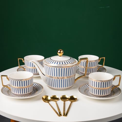 CwlwGO-Bone China Blue And White Tea Cup Sets,Ceramic Cup and Saucer Service for 4,Elegance Afternoon teapot and cup Set,Tea Sets for Women, Tea Cups and Saucer Set for Adults.