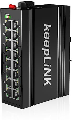 keepLiNK Commutateur industriel Gigabit à 16 ports, commutateur durci Ethernet sur rail DIN non géré, IP40, plage de température de fonctionnement de -30° – 75°C (-22° – 160°F)