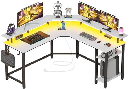 Rolanstar Computertisch L Form mit RGB & Steckdosen, Reversibler Eckschreibtisch Gaming Tisch mit Ablagefläche & 2 Haken, Computertisch für Büro Arbeitszimmer Schlafzimmer(Weiß,137cm)