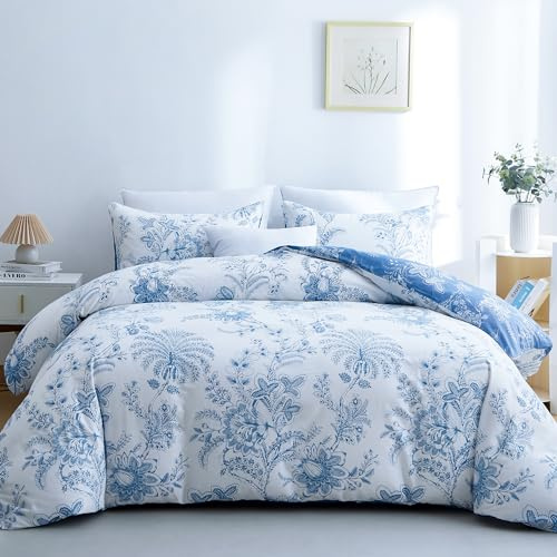 BOLINLIVING Duvet Cover Twin Size, Flower Kids Duvet Cover with Pillow Shams, Soft Floral Bedding Set White and Blue for All Season, Breathable, Zipper Closure…