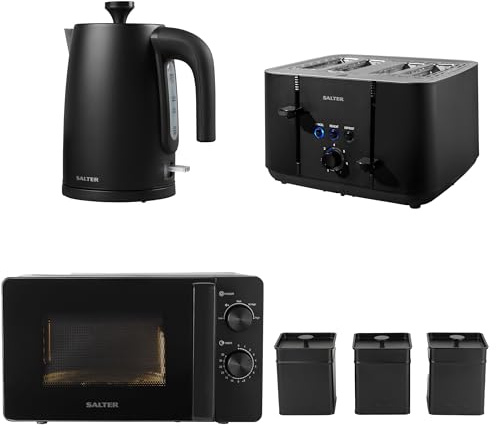 Salter COMBO-8856 Kuro Kettle Toaster Microwave Set – With Storage Canisters, Tea/Coffee/Sugar Tins, 1.7L Fast Boil Kettle, 4-Slice Toaster, Freestanding 20L Microwave Oven With Dial Control, Black