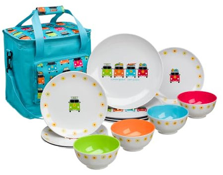 FLAMEFIELD CAMPER SMILES Service de table 13 pièces en mélamine – Vaisselle d'inspiration rétro avec charme vintage, durable et incassable, comprend un sac isotherme de 16 L, passe au lave-vaisselle