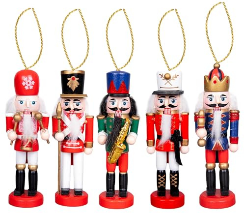 SHATCHI 13cm Wooden Christmas Nutcrackers 5pcs Set - Soldiers King Puppet Moving Parts Figurines Christmas Tree Hanging Decoration Ornaments