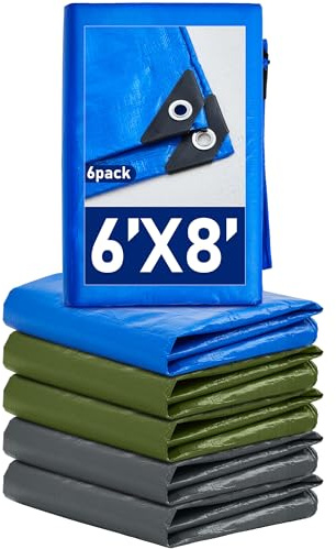 SmoothNovelty 6 Pcs Large Waterproof Tarp 6 x 8 ft Heavy Duty 5.5 Mil Thick Poly Tarpaulin with Grommets Multipurpose Protective Cover for Summer Home Boats Cars Camping Rv Pool Tent