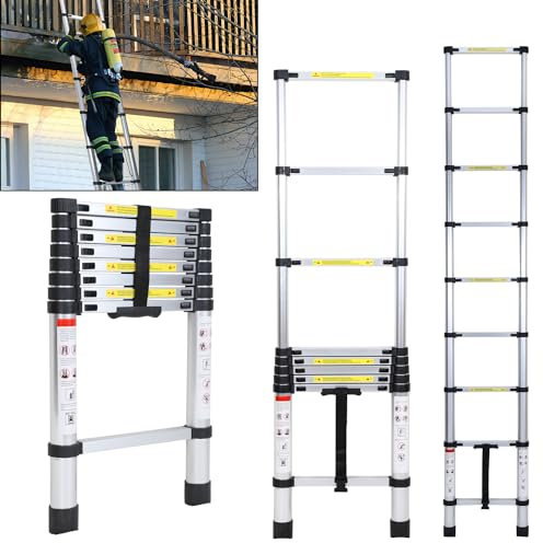 Fiqops Échelle télescopique de 2,6 m - En aluminium antidérapant - 150 kg - Charge maximale : 150 kg - Échelle extensible - Avec poignée de transport