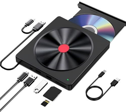 OHVBAEON External DVD Drive, External CD/DVD Drive for Laptop, Portable CD/DVD ROM +/-RW Burner Rewriter with SD TF Slot & USB Ports for Desktop PC Windows 11/10/8.1/7/XP Macbook Mac Linux OS
