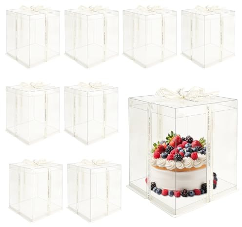 Cashger 8 Pcs 10x10x12Inch Clear Cake Box with Ribbon, PET Tall Cake Boxes, Clear Gift Boxes for 8 Inch Cake, Bakery Transport Container, Transparent Display Box for Birthday Wedding Party