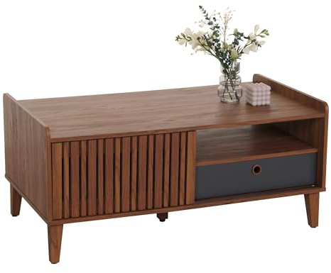 Mendler Mesa de centro HWC-M48, mesa de salón, mesa de sofá, 52 x 114 x 59 cm, aspecto de nogal, cajón gris oscuro
