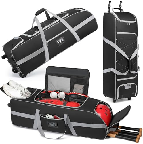 Große Fangtasche mit Rollen, weich rollende Baseballtasche für 4 Schläger, tragbare Baseball-Fangtasche mit Rollen, mehrere Taschen, Zaunhaken, hält alle Softball-Baseball-Ausrüstung (99 x 30 x 30 cm)