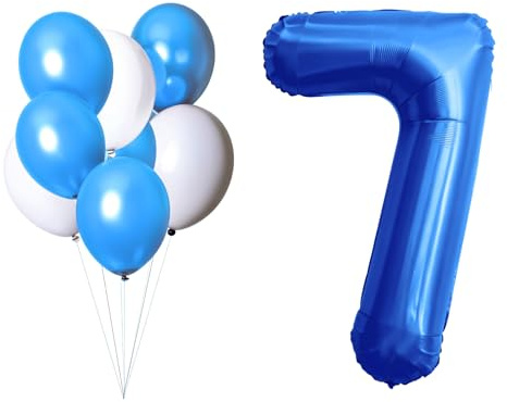 LAC EVERYTHING EVERYWHERE Folienballon 7 Jahre - Set mit 5 Ballons Blau und 3 Weißen Ballons - Geburtstagsdeko 7 Jahre Junge - Helium oder Aufblasbare Zahlen Geburtstag