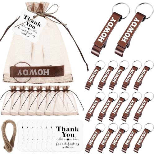 Junkin 50 Set Western Cowboy Party Favors Mental Bottle Opener Keychain Bulk with Organza Bags Thank You Tags and Rope for Birthday Baby Shower Wedding Wild West Themed Party Decorations (HOWDY 1)
