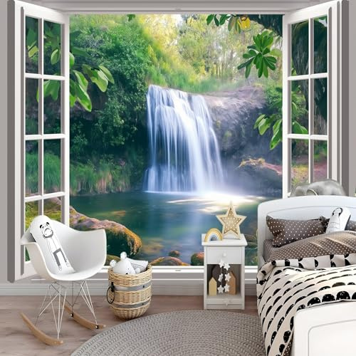 Genérico Papel pintado fotográfico - Ventana 3D Cascada del bosque - Fotomural 200 x 140 cm Papel pintado fotográfico Arte de la pared Decoración del hogar