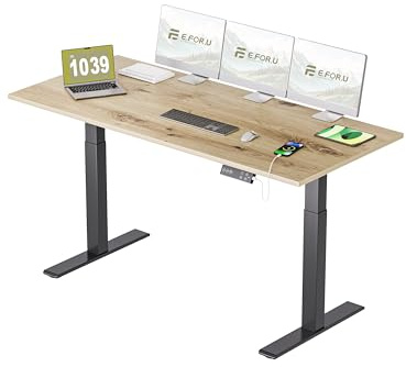 E.For.U® Höhenverstellbarer Schreibtisch 180x80 cm, 2 Motoren, Stabiler Schreibtisch Höhenverstellbar Elektrisch mit 2-Fach-Teleskop, 3 Memory-Steuerung, Mit Tischplatte (Schwarz + Asteiche)