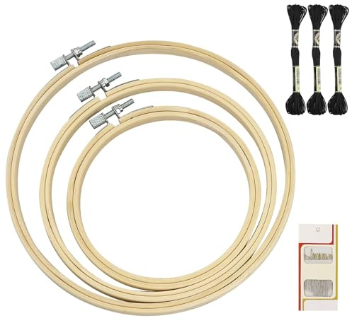 Set med runt broderiramar, 3 justerbara korsstygnsringar, broderiram 20 cm, stor, trä, bambubroderiram, med 16 synålar + 3 svarta broderigarn