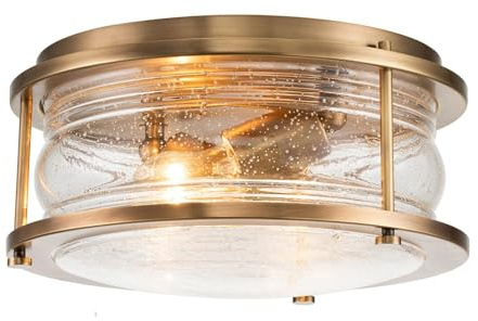 Licht-Erlebnisse Deckenleuchte Badezimmer Glas Metall rund Ø 30,5 cm in Messing IP44 2x E27 Vintage Design Deckenlampe innen Badlampe Decke