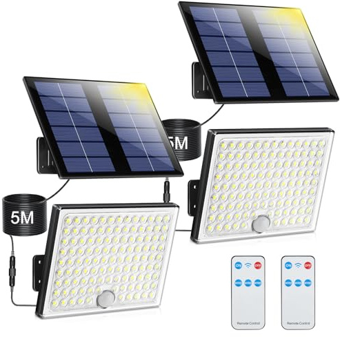 Realky Lámparas solares para exteriores con mando a distancia, lámpara exterior con detector de movimiento, IP65, resistente al agua, lámpara solar con cable de 5 m para garaje, jardín, patio